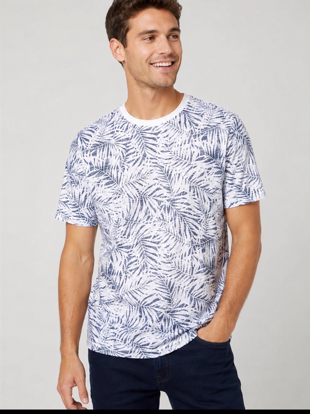 George White and Navy Palm-Print Short Sleeve Tee